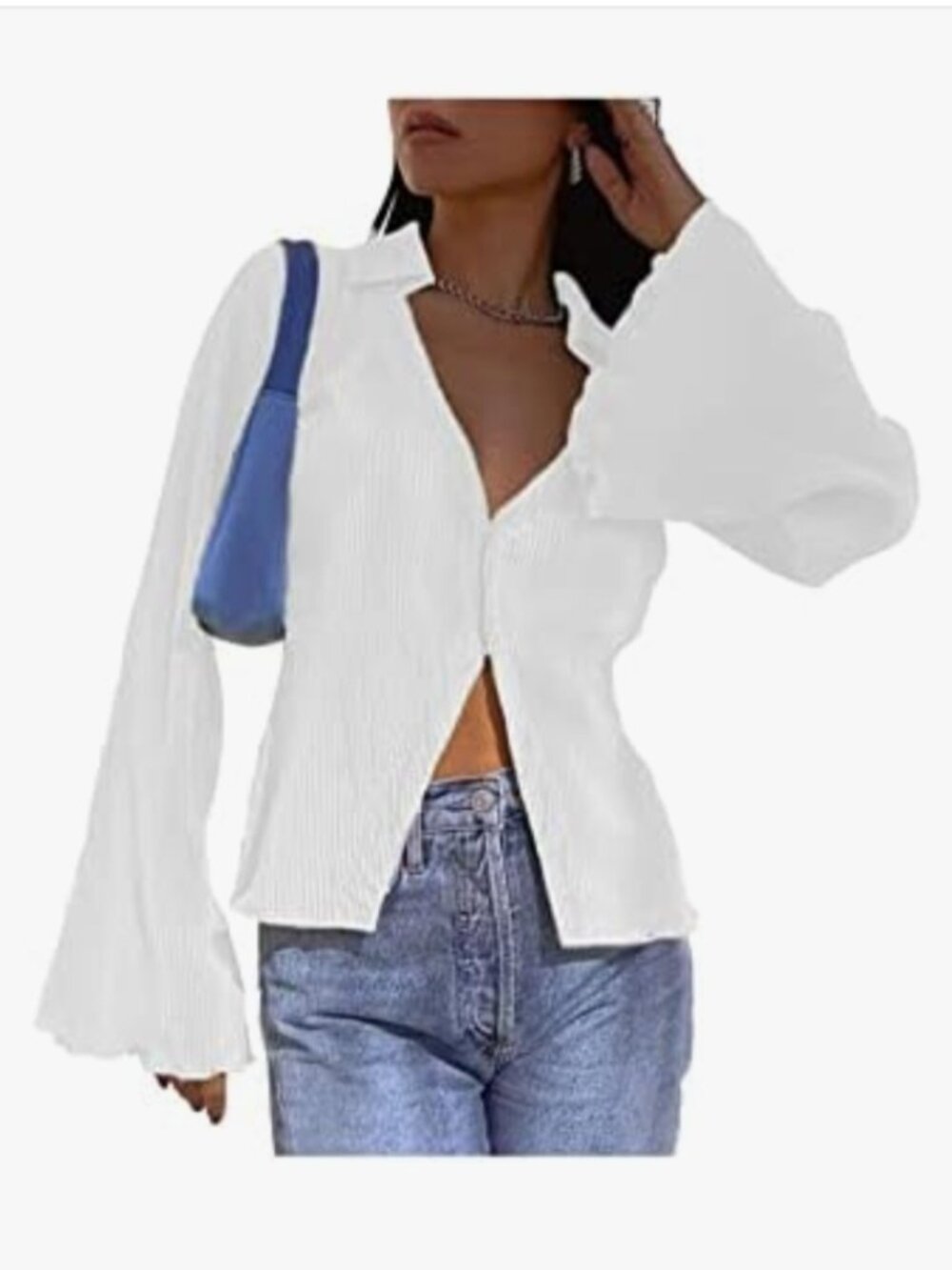 LYANER PLEATED DEEP V-NECK BUTTON FRONT BELL SLEEVE BLOUSE WHITE SIZE XL